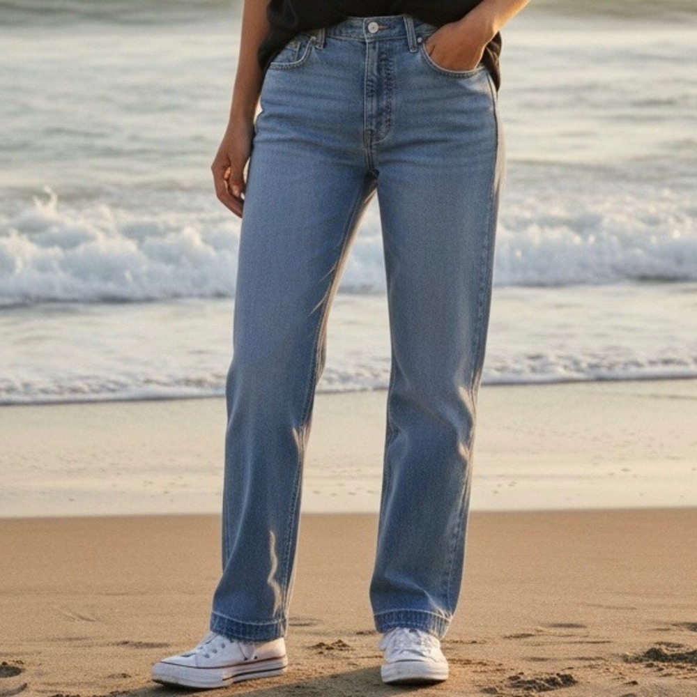 Frayed Jeans Womens 31 Relaxed Straight Leg Denim Blue Romy Wash‎ NWT Pink Tint